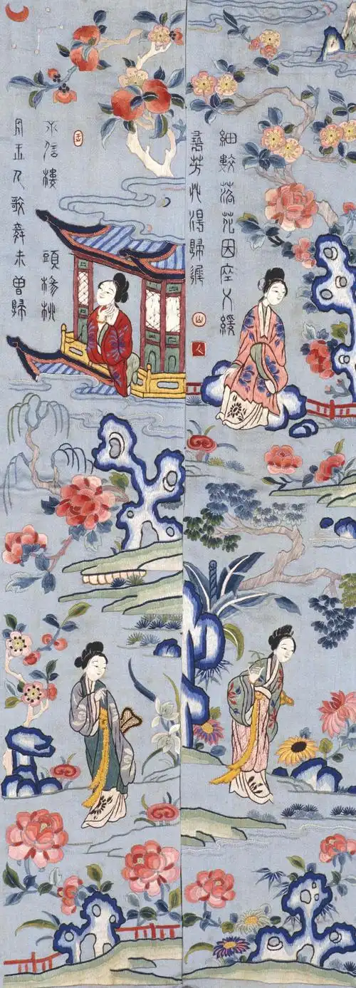 清 灰蓝缎地苏绣仕女图挽袖