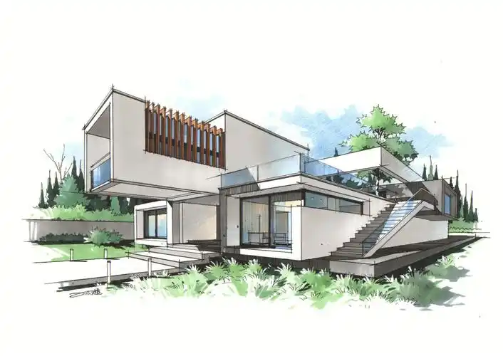 别墅建筑两点透视空间手绘
