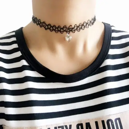 欧美时尚饰品 鱼线纹身弹力短款锁骨项链颈链 爱心吊坠颈带脖带