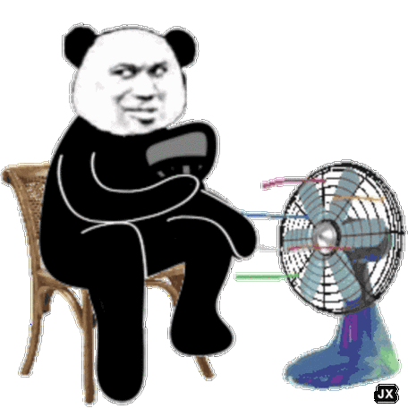 熊猫头坐着边扇扇子边吹风gif动态图