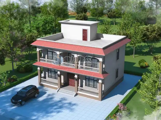 占地120平米二层平屋顶农村别墅户型好造价低南北方都适合