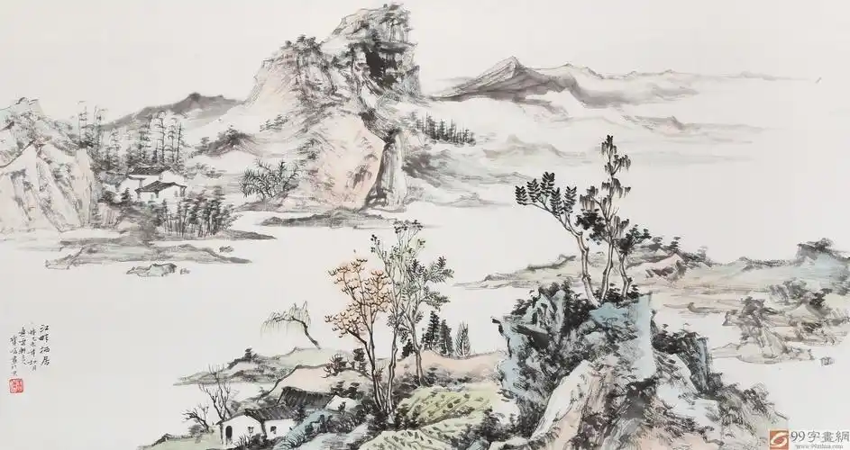 曹宝峪三尺《江畔栖居》 - 写意山水画 - 99字画网