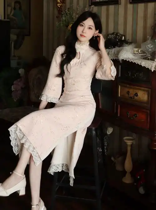 连衣裙女秋冬新款改良旗袍甜美长袖姐妹装blovelan钰绾青黛新中式