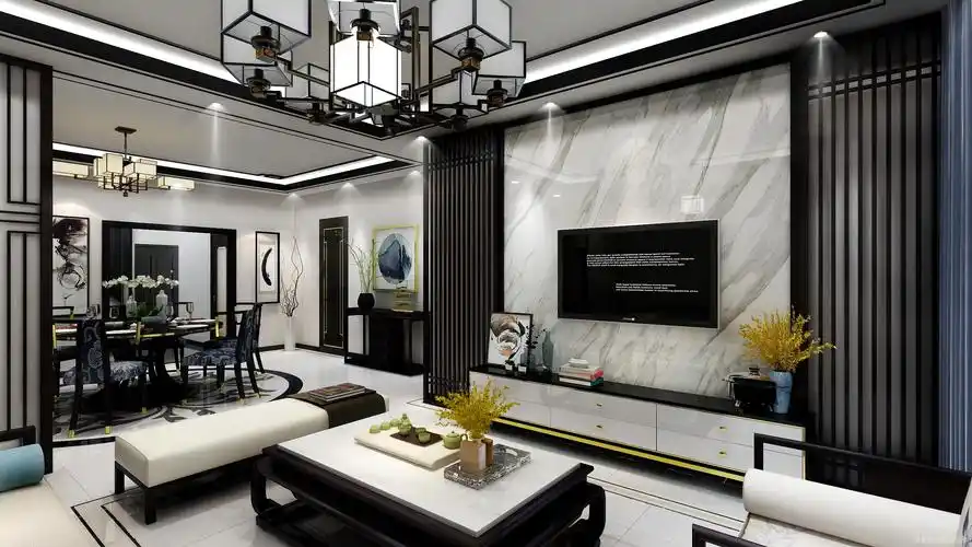 选用浅色仿大理石纹理的瓷砖,传统住宅中厅堂背景多以石材装饰,体现十