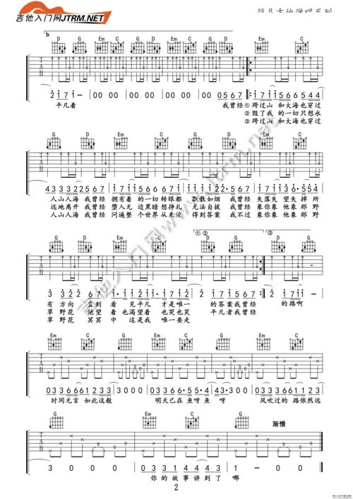平凡之路吉他谱图片格式六线谱