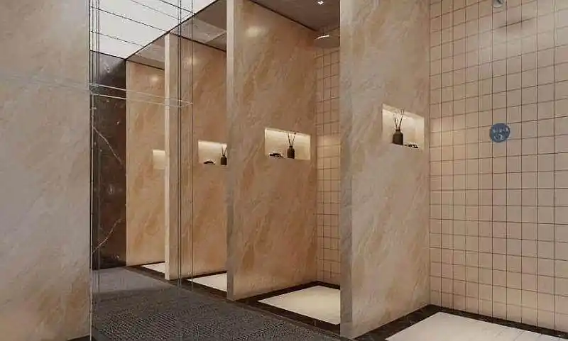 更衣室淋浴间 采用莲花式喷头和手柄双喷头,会所整个用水系统为高能