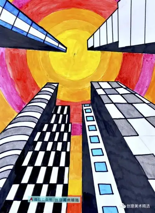 儿童画课例——《城市的天际线》,一点透视也可以很出彩!