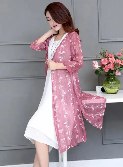 防晒衣女夏装新款宽松薄纱雪纺开衫中长款百搭印花披肩文艺外套