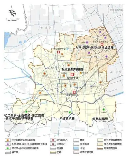 2个区内城镇圈:松江新城城镇圈,九亭-泗泾-洞泾-新桥城镇圈 ● 3