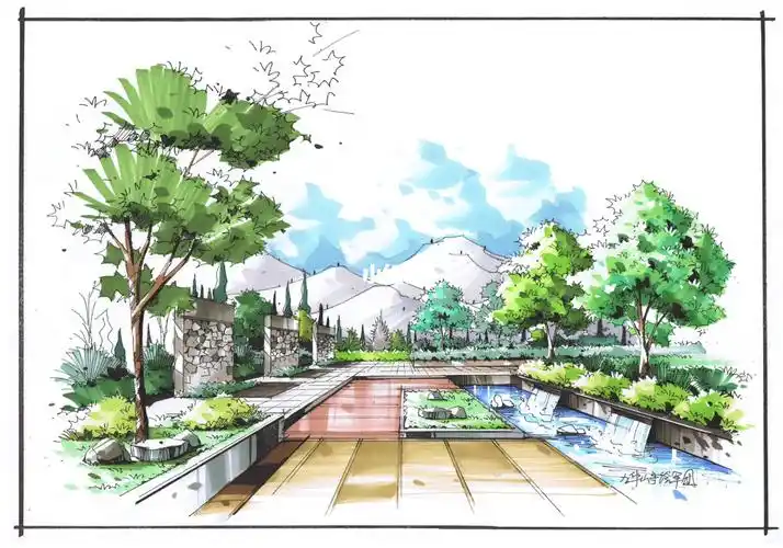 景观一点透视马克笔线稿77上色