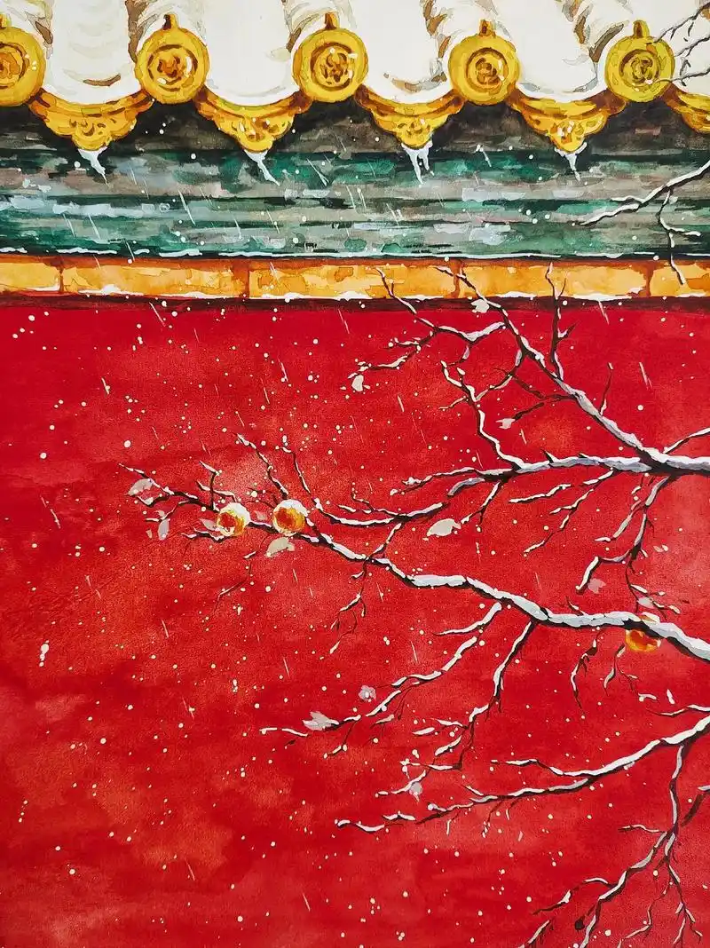 故宫雪景日常练习.白雪镶红墙,碎碎坠琼芳#水彩 #古风 #故 - 抖音