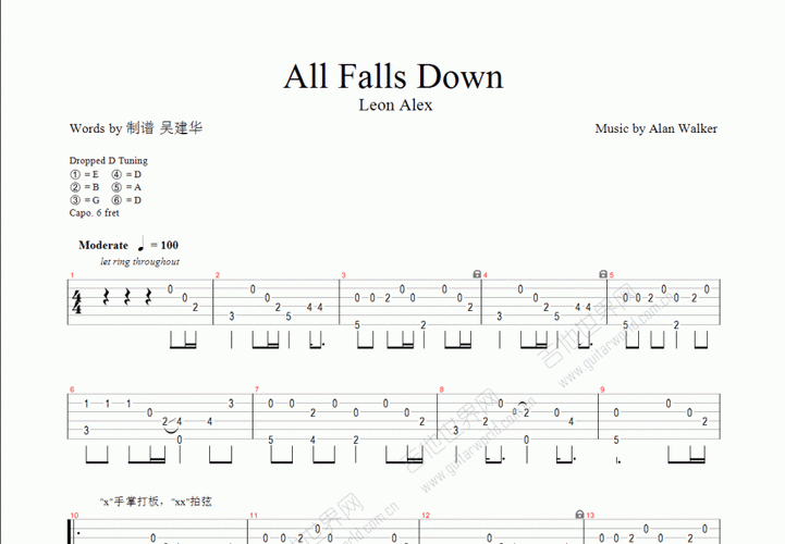 all falls down吉他谱_leon alex_g调指弹吉他谱 - 吉他世界