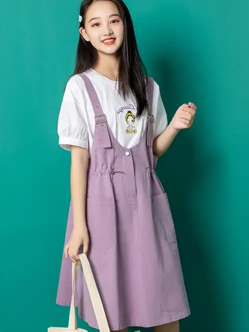 女童连衣裙夏装套装2021新款洋气夏季12大童女装女孩背带裙子15岁