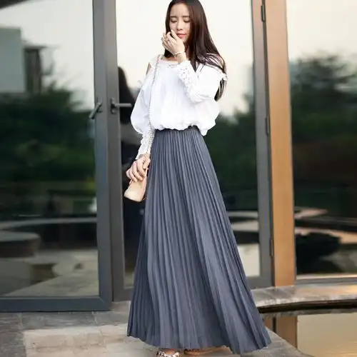 百褶裙半身裙春长裙2019女装新款韩版复古高腰a字裙度假裙大摆裙