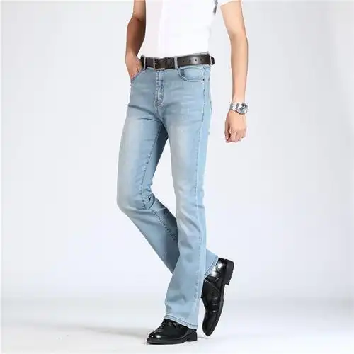 夏天薄款男士微喇叭浅色牛仔裤男休闲中腰弹力修身小喇叭裤长裤子sn