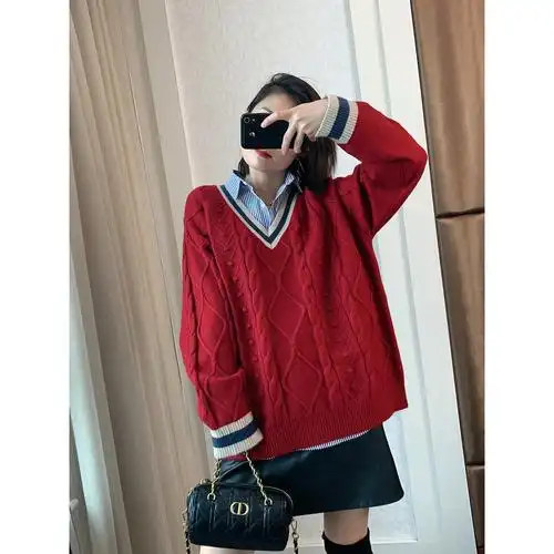 v领毛衣女慵懒风套头宽松大码洋气气质百搭麻花鸡心领针织衫秋冬