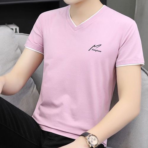 2件装)v领t恤衫男生短轴百搭纯色休闲潮流半袖薄上衣男t t28天蓝色 m