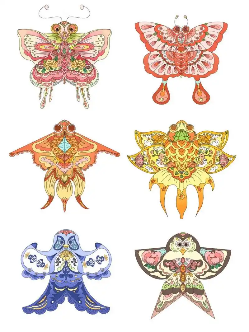 风筝免抠‖古风纸鸢手绘插画免抠素材②  黄粉色系古风风筝简笔插画分