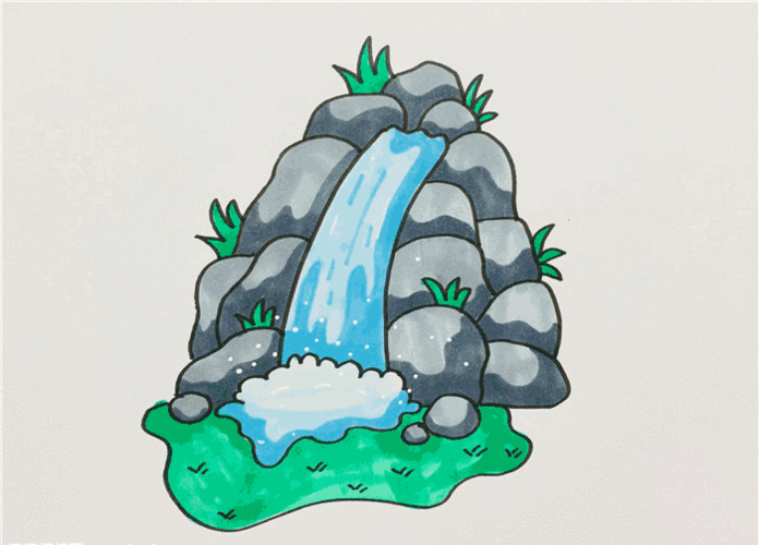 瀑布风景画素描简笔画