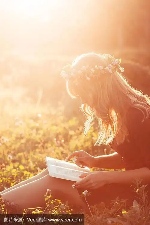 戴花圈看书的女孩侧面,太阳耀斑