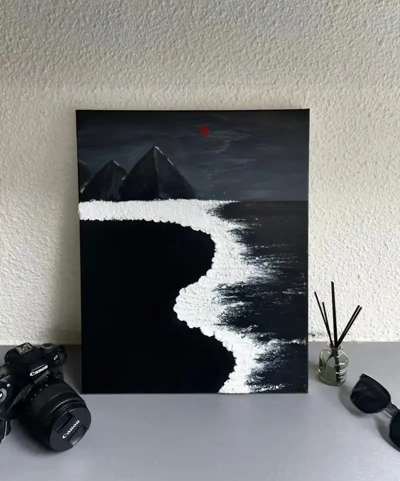 黑色沙滩  #肌理画 #临摹 #高级 #海 #沙滩 #丙烯风 - 抖音