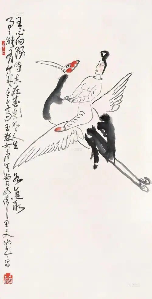 0007仙人骑鹤图镜片设色纸本