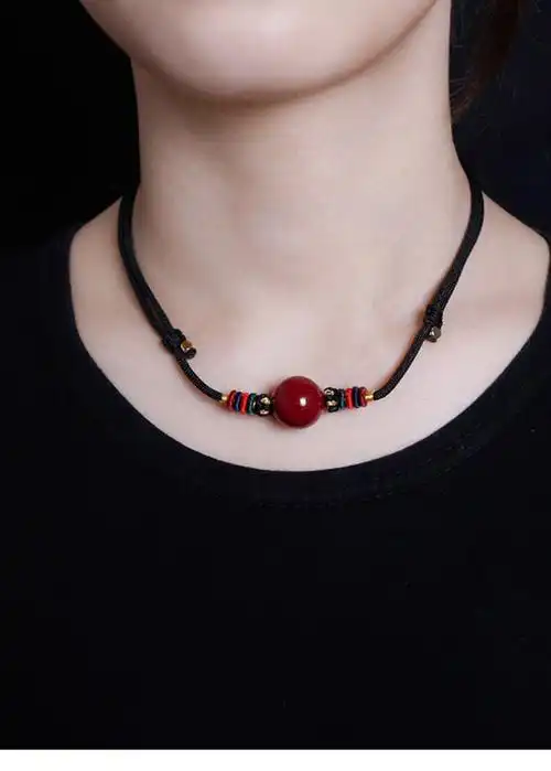 本命年红色朱砂项链女时尚复古吊坠锁骨链气质网红同款毛衣链饰品