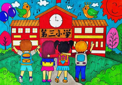 我心目中的小学美丽校园一角风景主题绘画简笔画素材可打印黑白