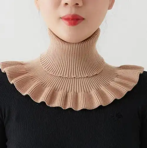 时尚女春秋冬套头围脖百搭保暖护颈椎纯色高领针织假领毛线脖套黄色