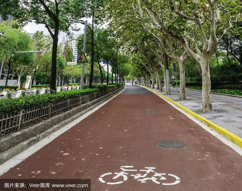 在中国上海主干道附近的一个大型红色公园里的自行车镜头.