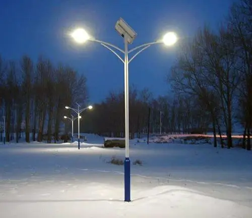 这款 太阳能路灯样式为双灯头变径灯杆,灯光照射下皑皑白雪让整个村庄