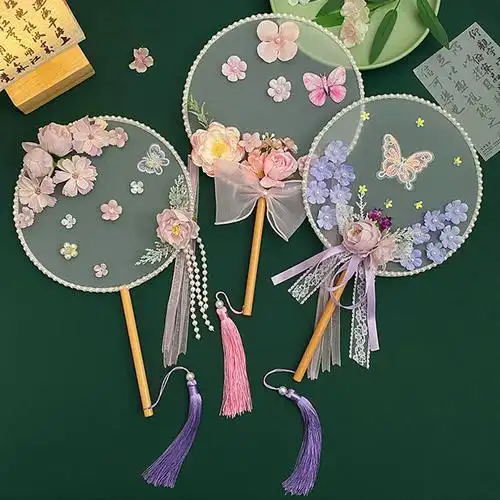 儿童古风团扇小女孩中国风女童刺绣扇子簪花汉服拍照道具流苏花扇