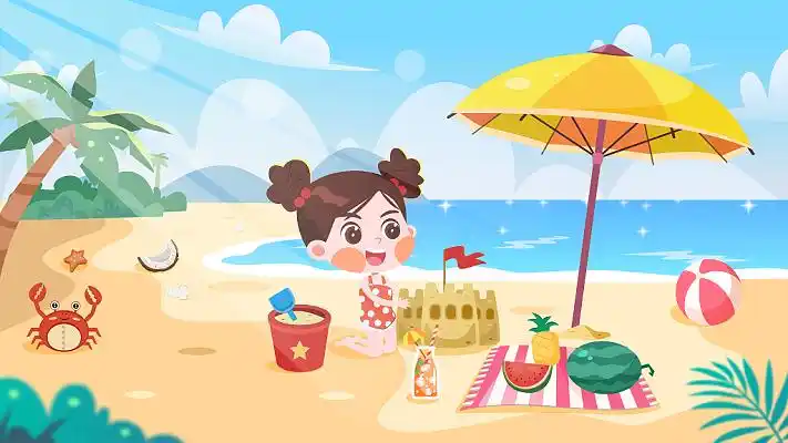 夏天海边沙滩卡通人物玩沙矢量素材