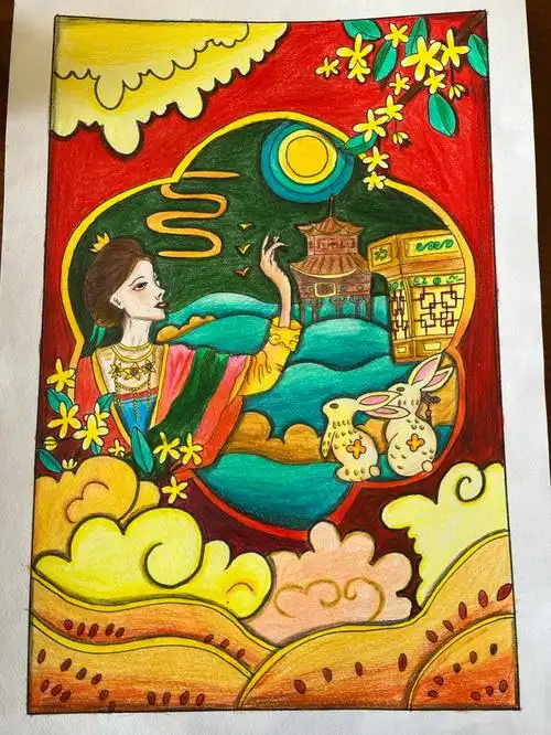 中秋节彩铅画