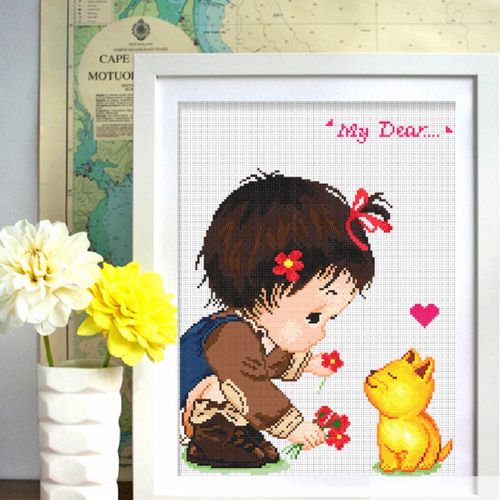 十字绣小件钻石绣贴钻画卡通 手工 童心钻石画(给狗狗闻花)37*45厘米