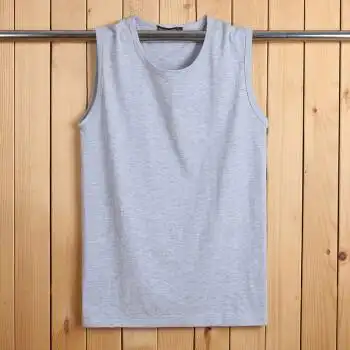 夏季无袖背心男纯棉圆领宽肩t恤男士加肥加大码坎肩薄款弹力背心 浅