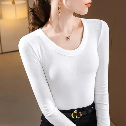 螺纹打底衫女2022秋冬新款宽边圆领长袖恤收t恤