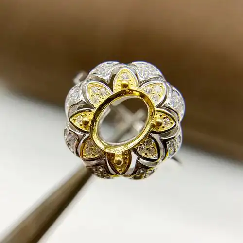 新款贝珠宝石镶嵌7mm戒指椭圆戒托女活口纯银戒指