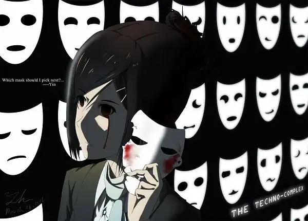 黑白的图片一个短发女孩直发在哭泣拿着微笑面具