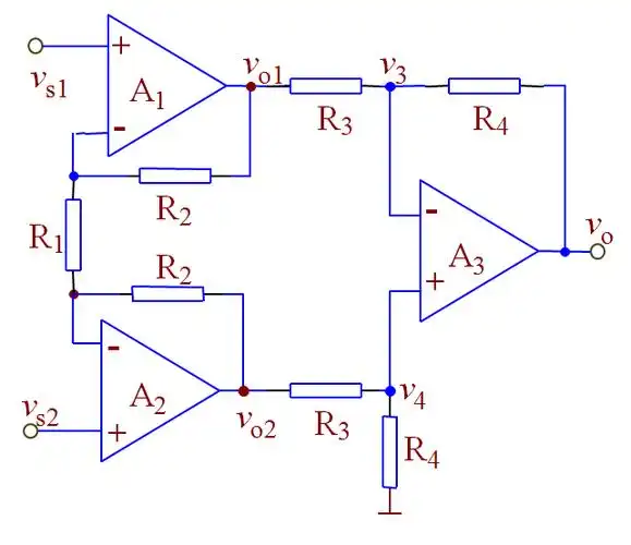 采用差分放大器电路,vs2输入标准值,vs1输入传感器输出,设置相应的
