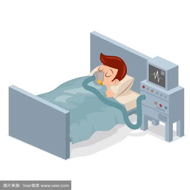 用呼吸机等距人形卧医卡通人物设计矢量插图