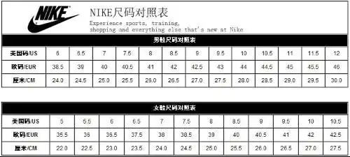 耐克男鞋尺码对照表