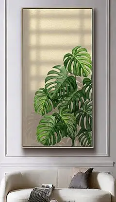 现代简约北欧手绘龟背竹光影走廊装饰画玄关