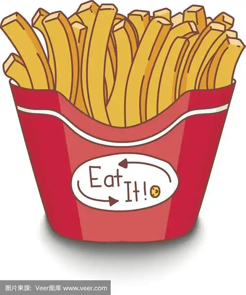 可爱的手绘卡通风格薯条与阴影在白色