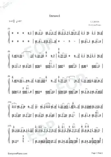 unravel-c调唯美钢琴版双手简谱预览1
