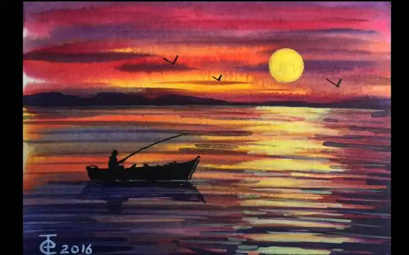 落日余晖水彩画落日余晖水粉画