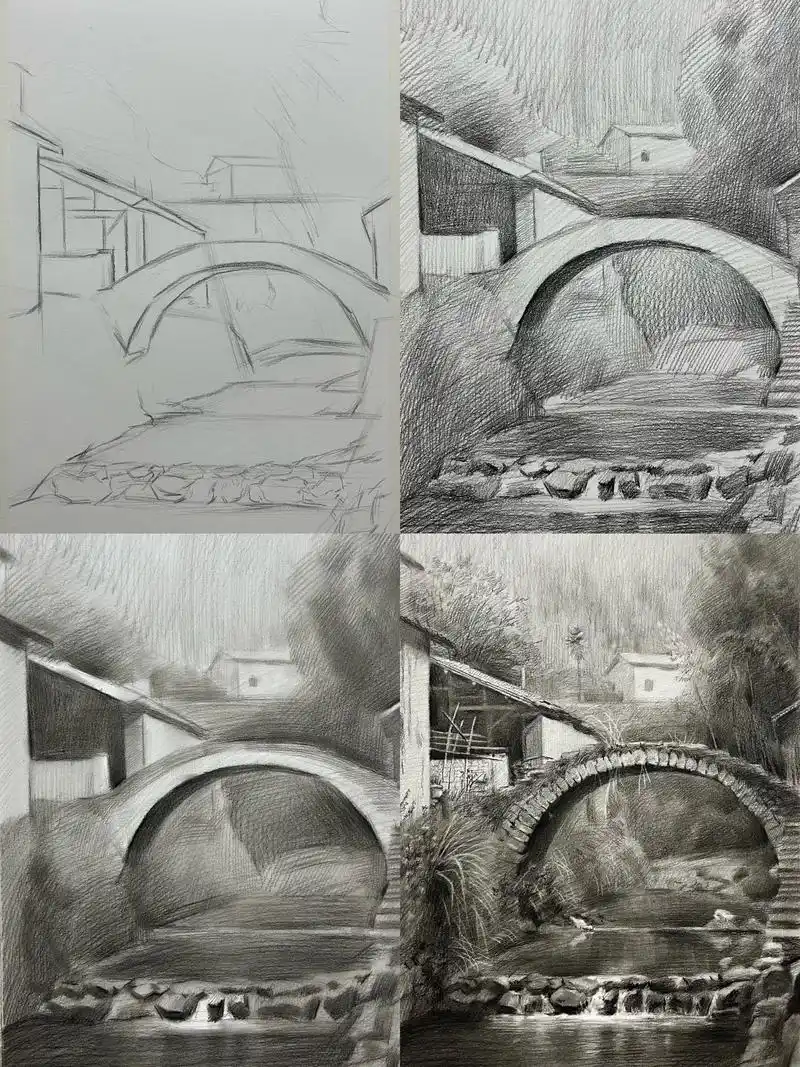 素描风景 小桥流水人家 图文步骤.