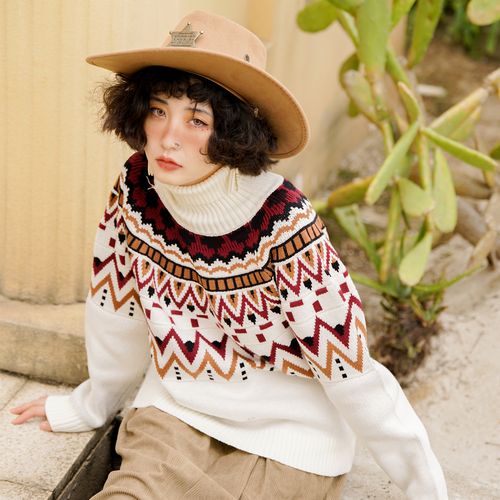 猫之旅店 北欧风秋冬针织衫套头民族风高领复古图案套头提花毛衣