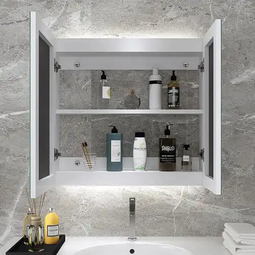 实木浴室镜柜卫生间挂墙式镜箱防水储物置物柜镜子带灯卫浴镜面柜