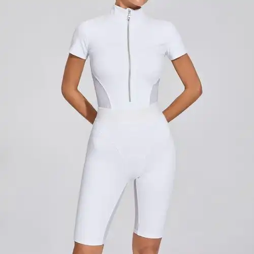 欧美收腰开领拉链短袖瑜伽连体服女拼网健身紧身运动连体衣41180